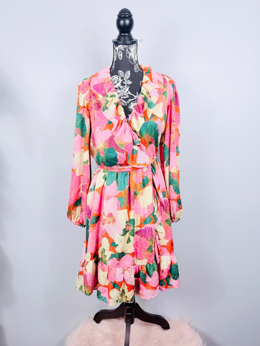 Taylor garden botanical pink dahlia faux wrap ruffle dress size 8